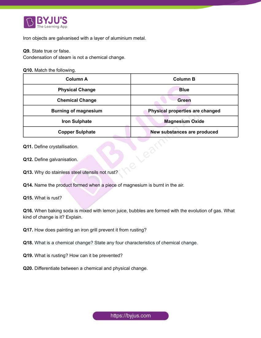 Class 7 Chemistry Worksheet on Chapter 6 Physical and Chemical ...