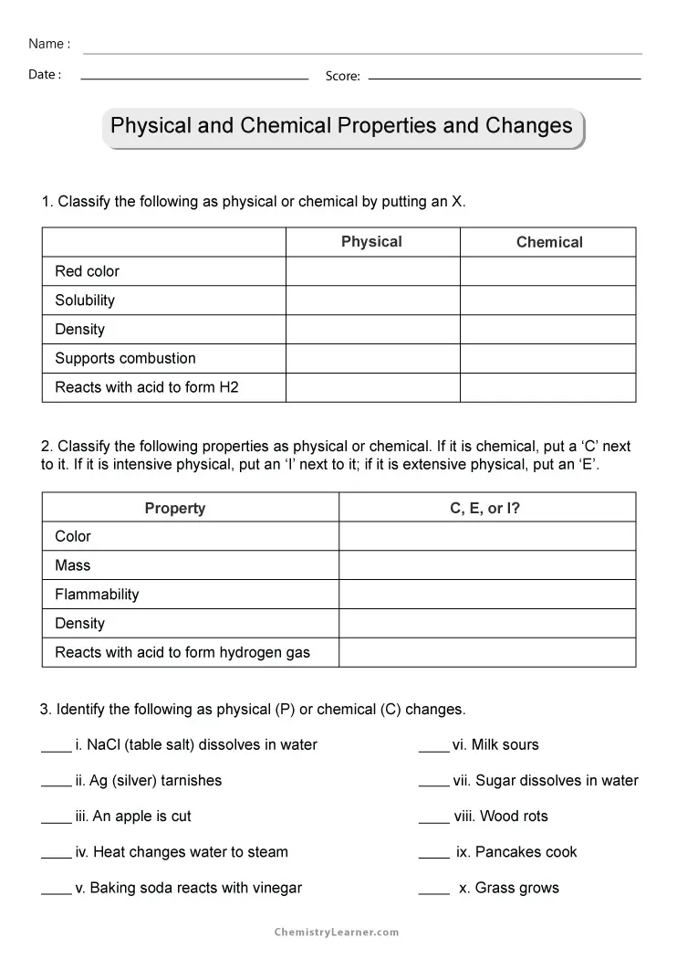physical changes in matter worksheet