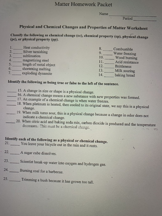 physical changes of matter worksheet