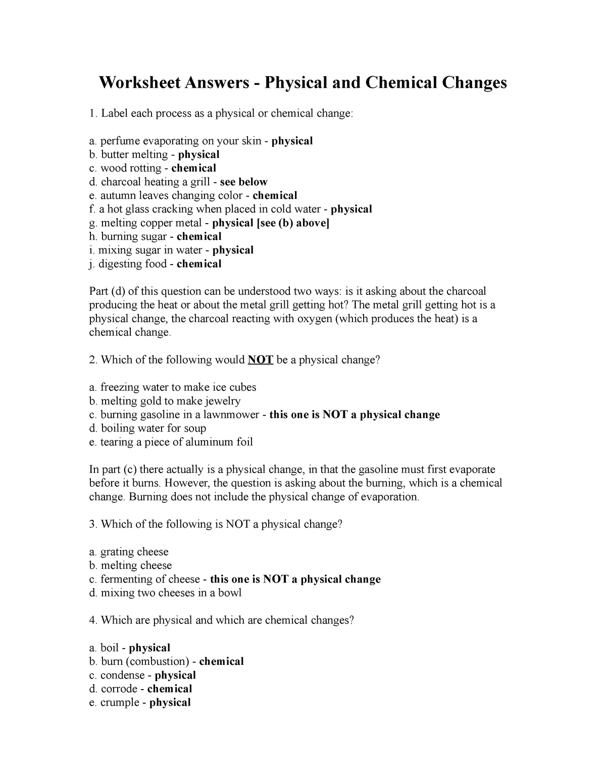 physical or chemical change worksheet answers