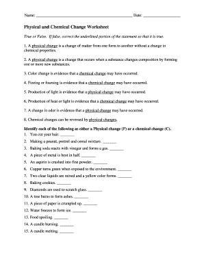 physical or chemical change worksheet