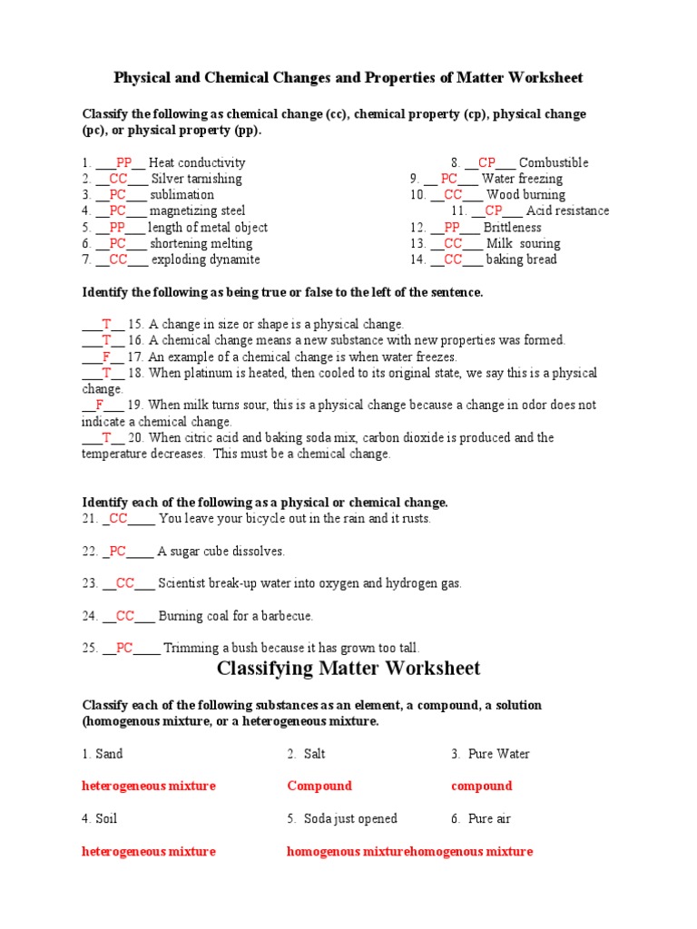 Physical And Chemical Changes And Properties Of Matter Worksheet Physical and chemical changes and properties of matter worksheet