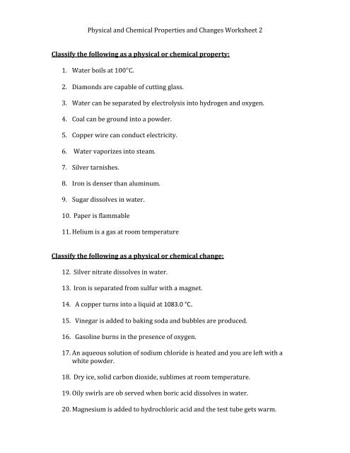 Physical and Chemical Properties and Changes Worksheet 2 ...