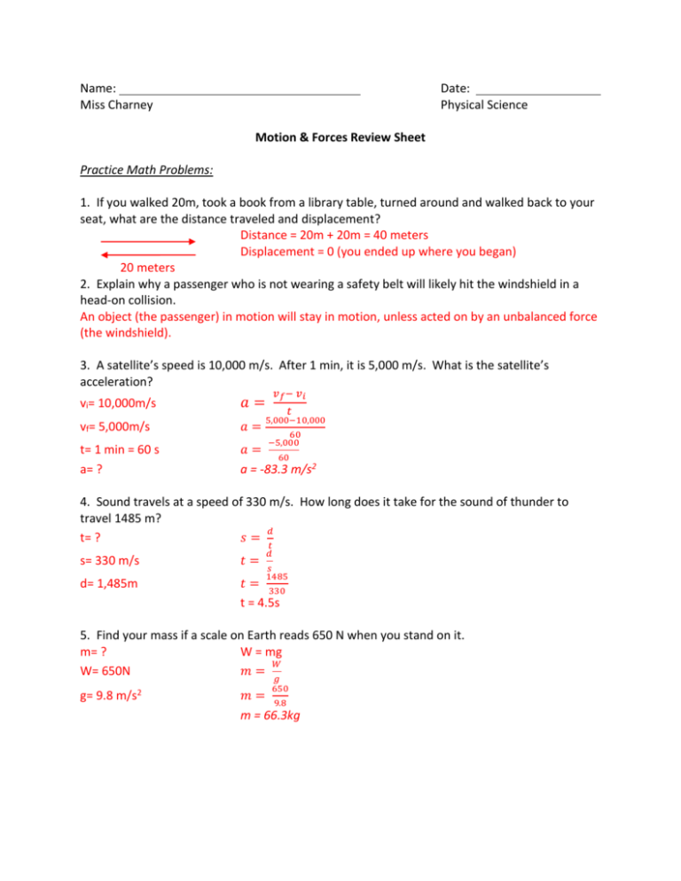 Motion & Forces Review Sheet Answer Key Worksheets Library