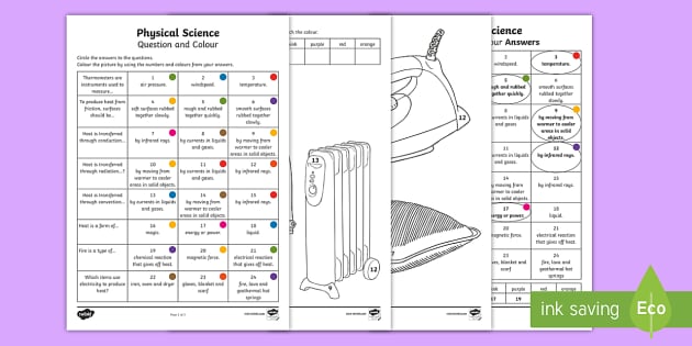 Year 3 Physical Science Questions and Colouring Worksheet / Worksheets