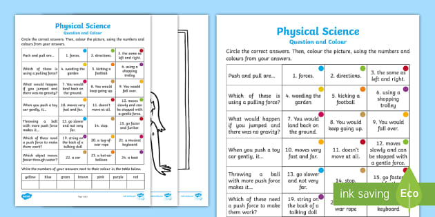 Year 2 Physical Science Questions and Colouring Worksheet / Worksheets
