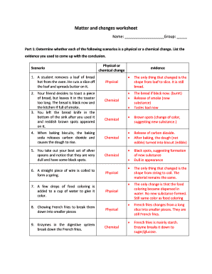physical vs chemical change worksheet answers