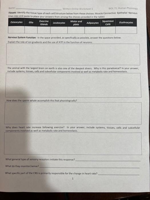 Solved - Written Online Worksheet 1 B10U72 Human Physiology ...