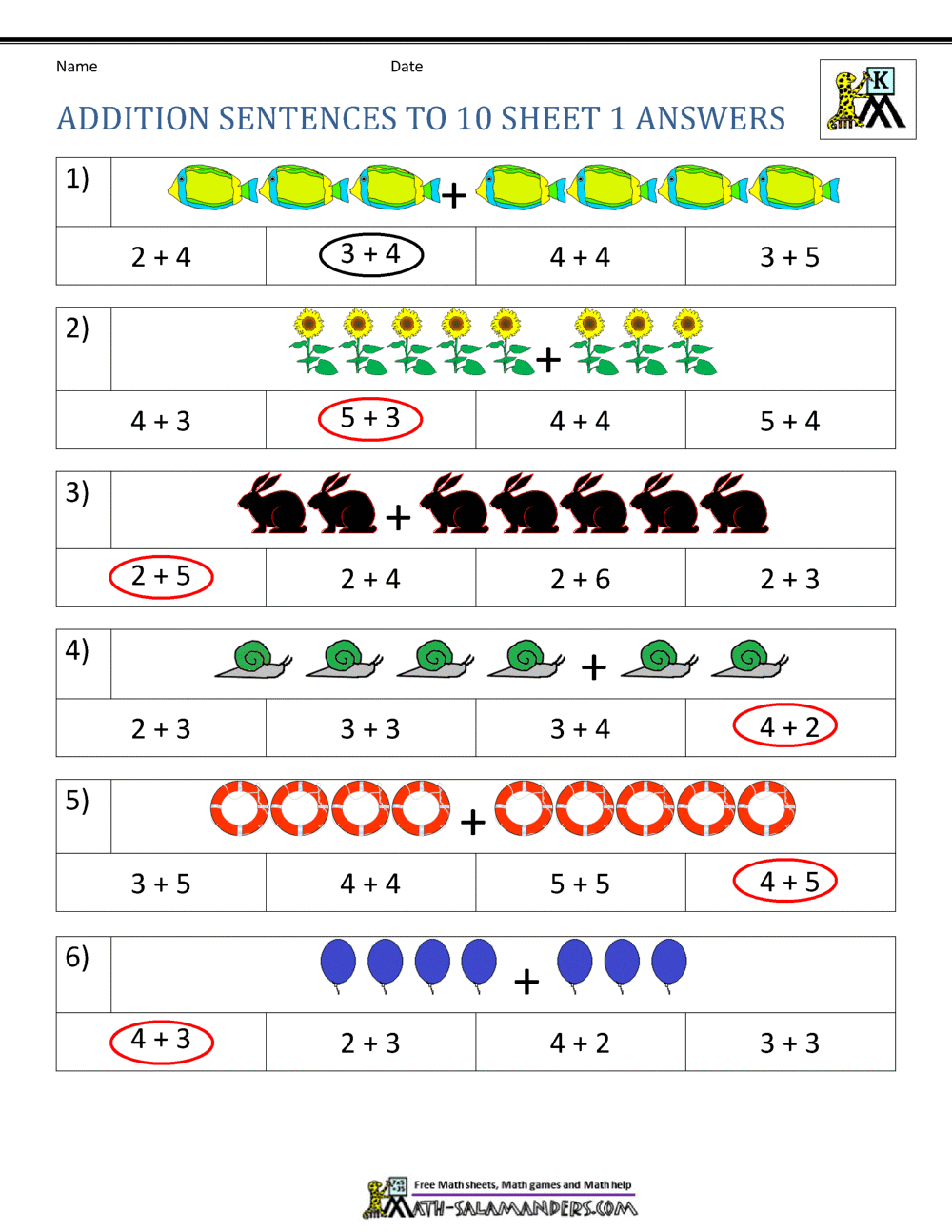 Addition Worksheets for Kindergarten