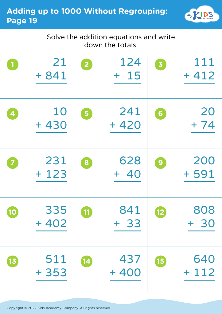 Adding up to 1000 Without Regrouping worksheet: Page 19