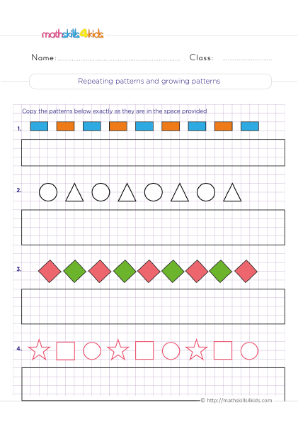 Patterns worksheets for Grade 3: Shapes and sequences Practice