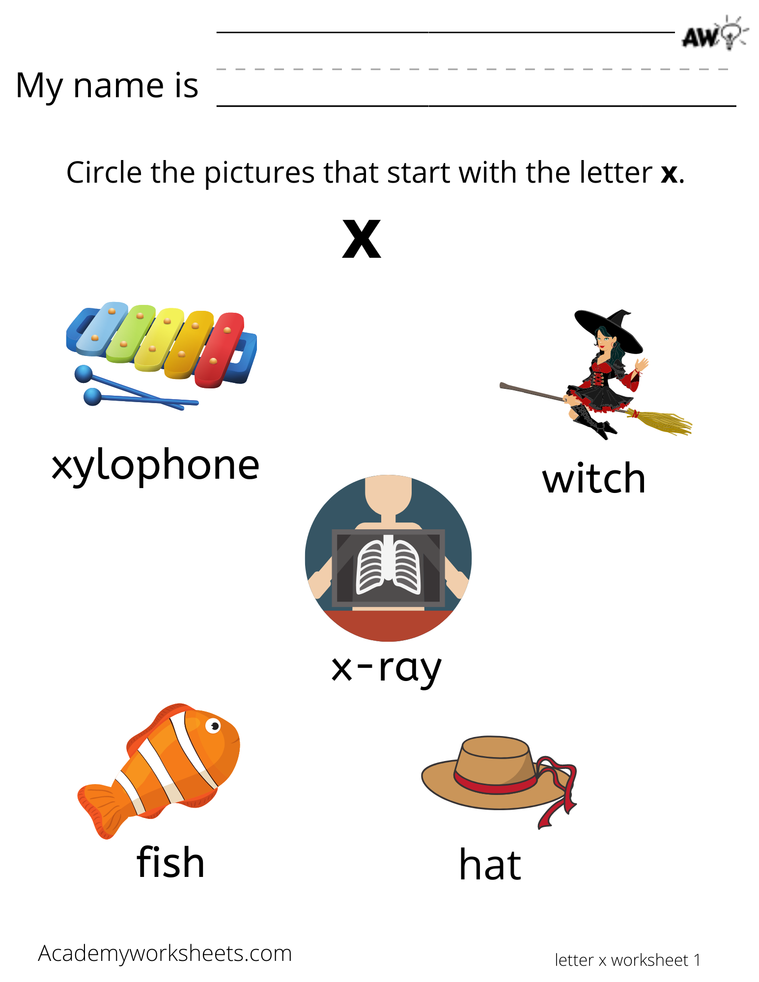 pictures that start with letter x worksheet