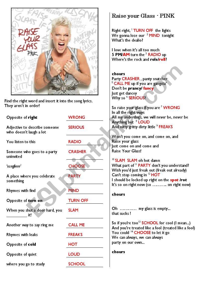 Raise your Glass by Pink - ESL worksheet by helenx