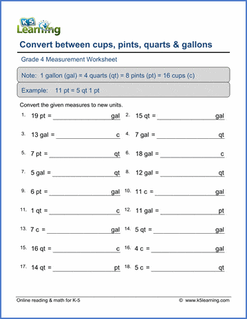 Grade 4 Worksheets: Convert volumes (cups, pints, quarts, gallons ...