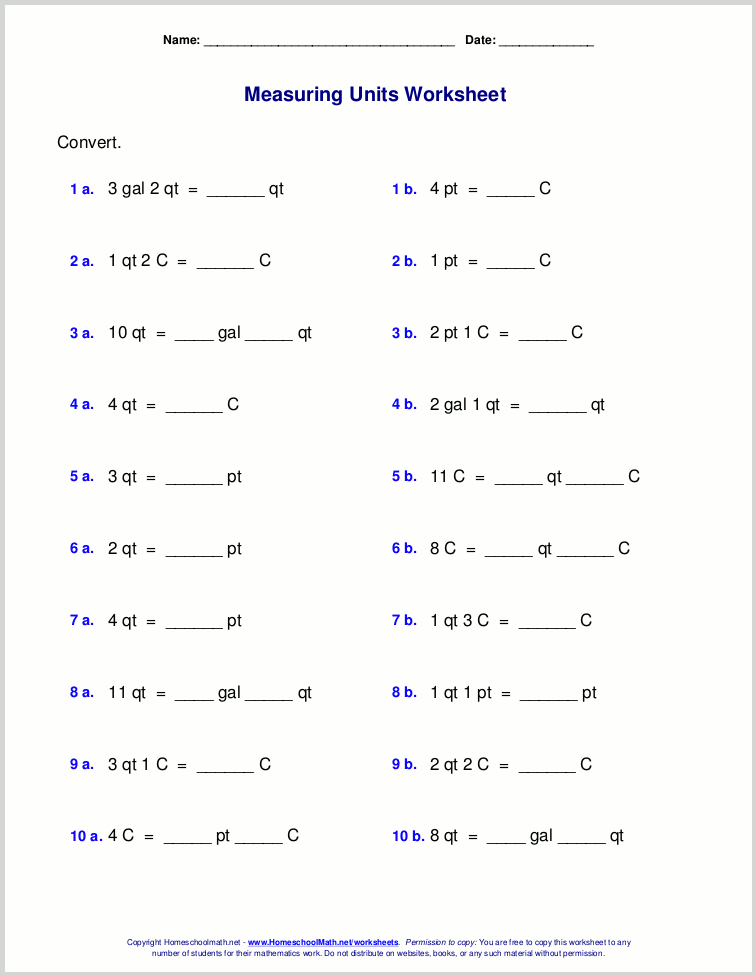 Customary measuring units worksheets