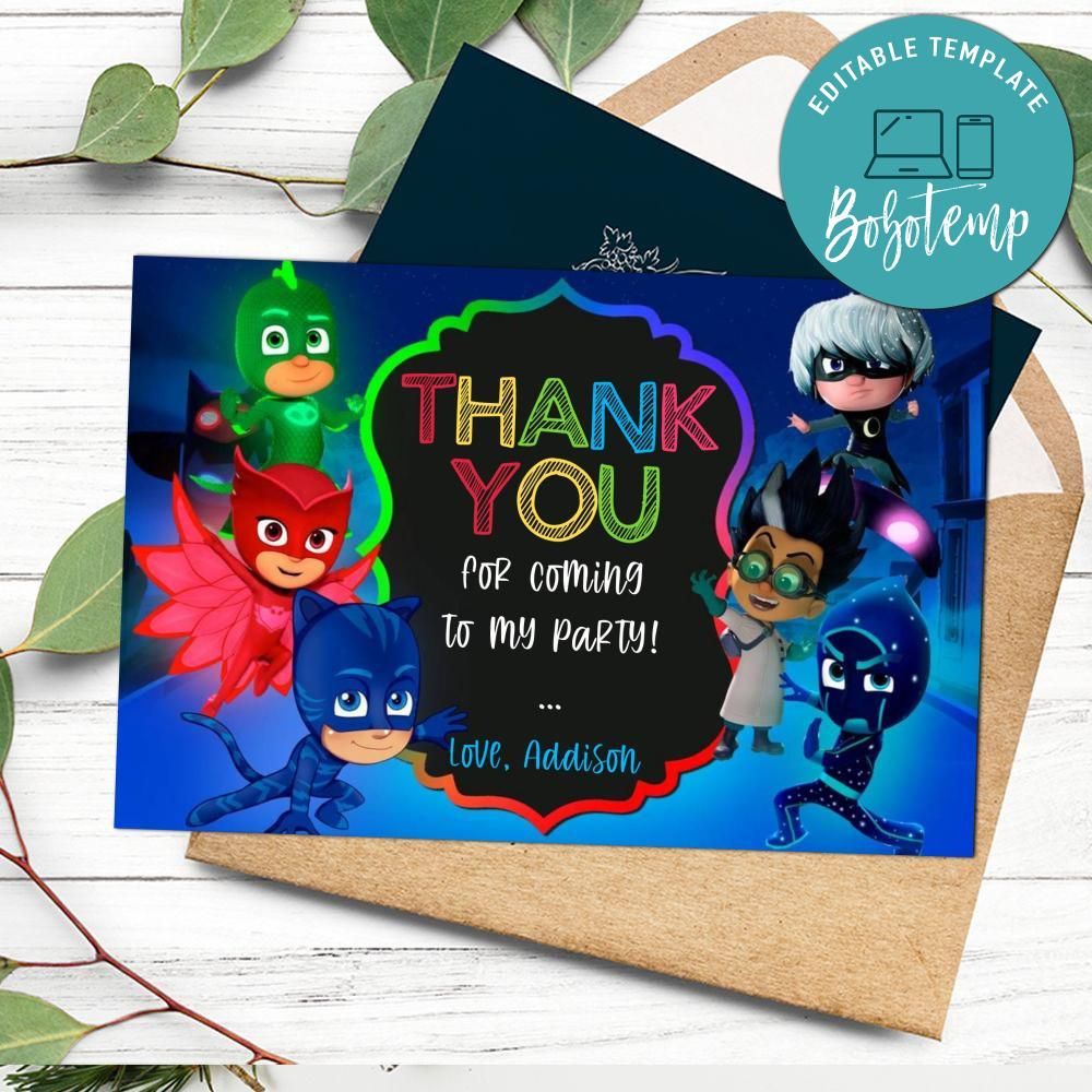 Pj Mask Thank you card Template to Print at Home | Bobotemp