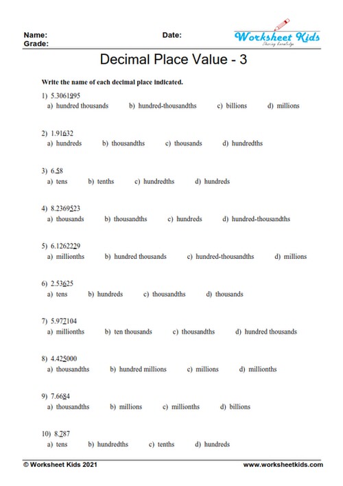 Decimal place value worksheets for 5th grade - Free printable PDF