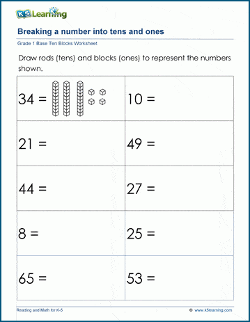 Decomposing numbers into base 10 blocks worksheets | Worsheets library
