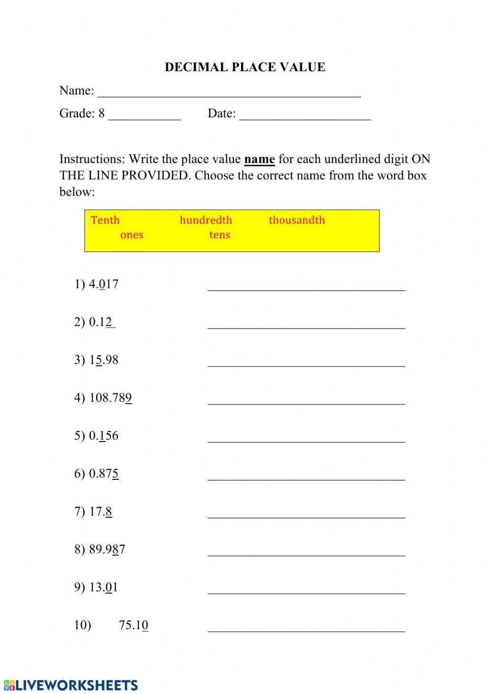 Decimal Place Value worksheet  