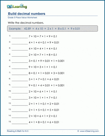 Build decimal numbers (expanded notation) worksheets | Worsheets library
