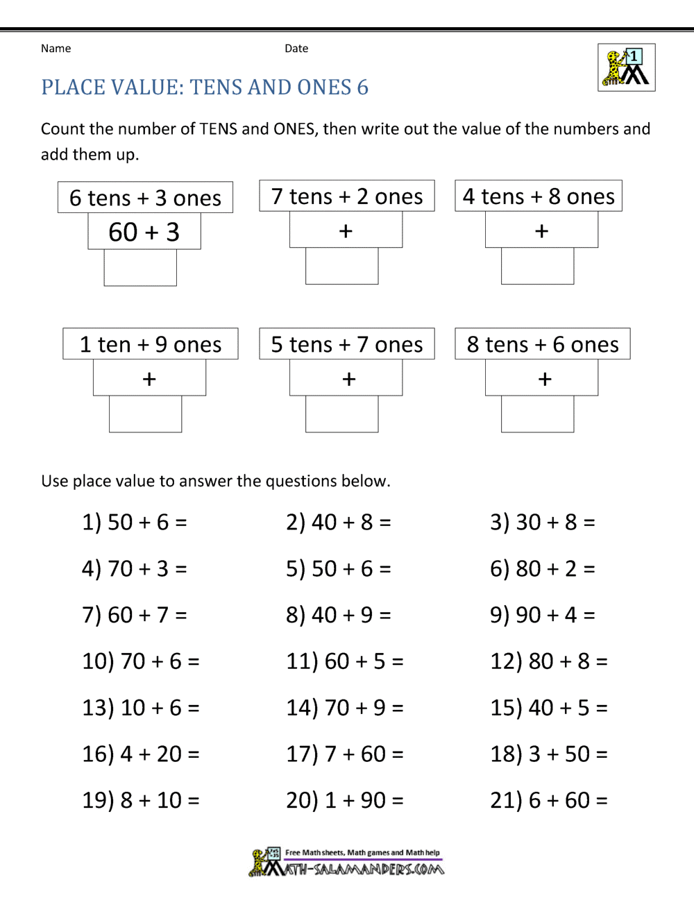 1st Grade Place Value Worksheets 2 Digit numbers