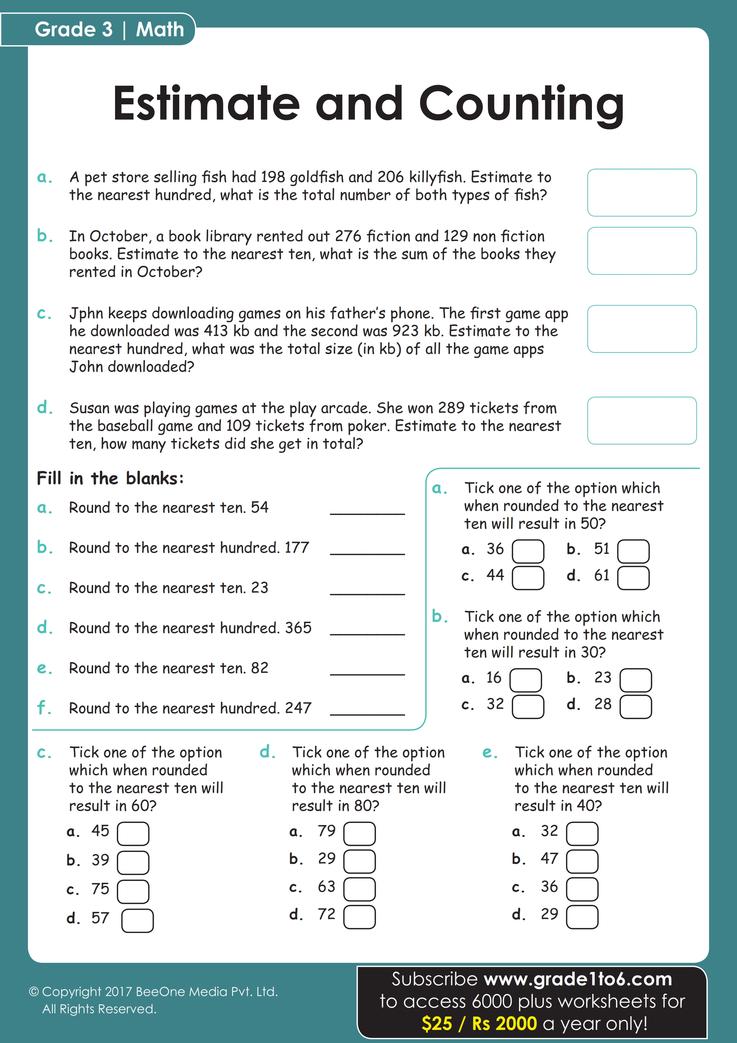 Estimating, Rounding &  Counting Worksheet for Grade 3
