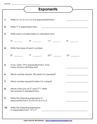 Exponents: Printable Worksheets