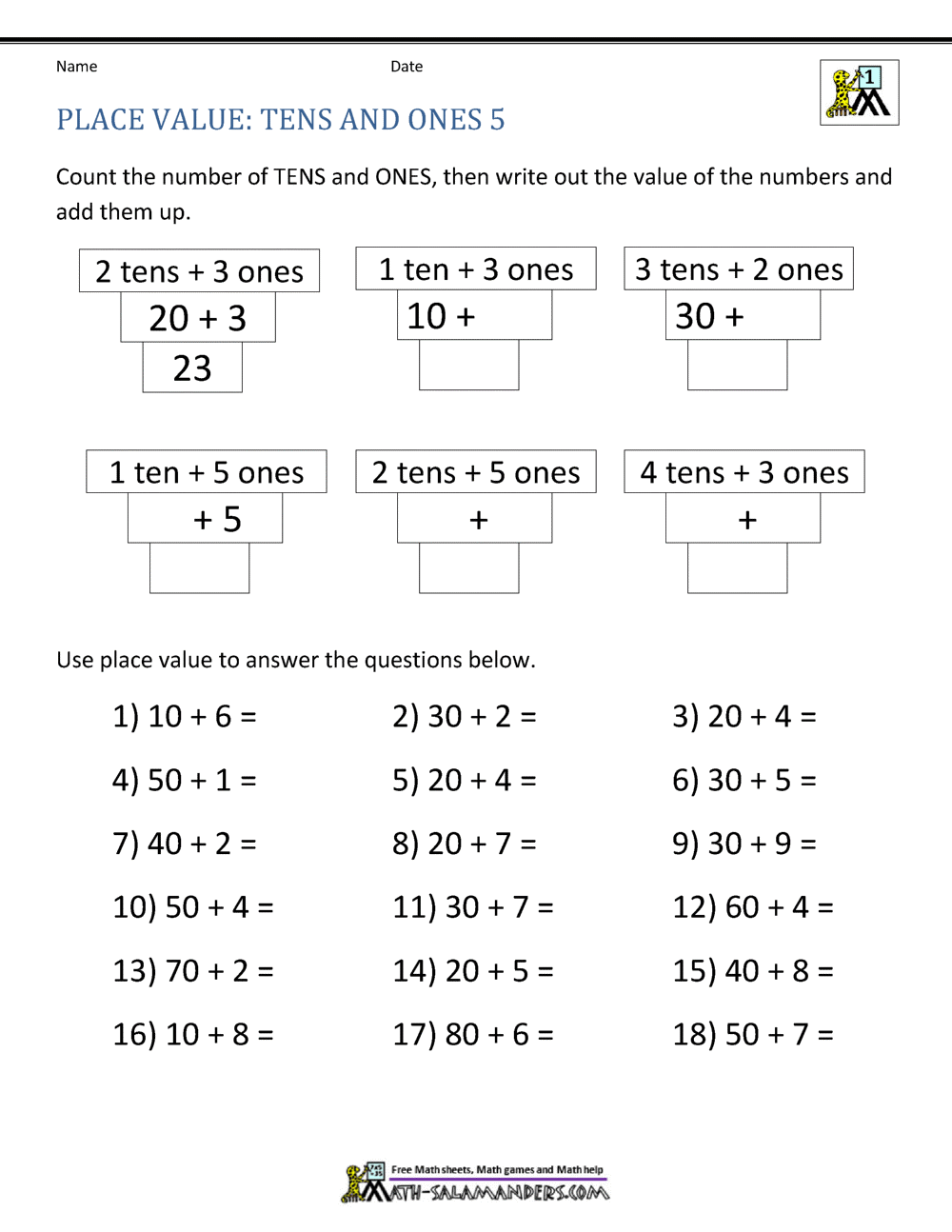 1st Grade Place Value Worksheets 2 Digit numbers