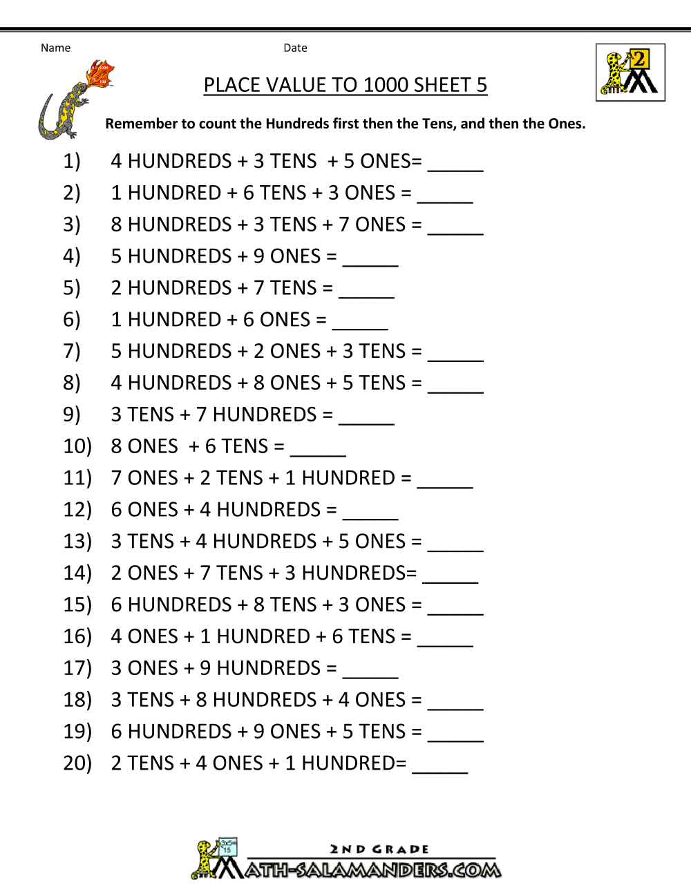 Math Place Value Worksheets to Hundreds