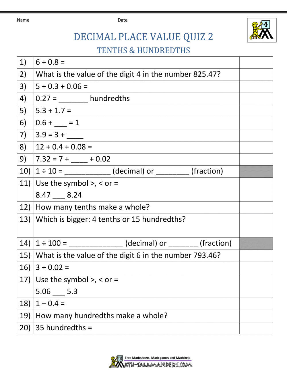 place value of decimals worksheet free