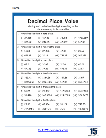 place value of decimals worksheet