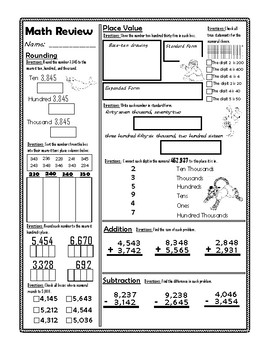 Math Review 3rd grade SOL Worksheets: Place Value and Calculation