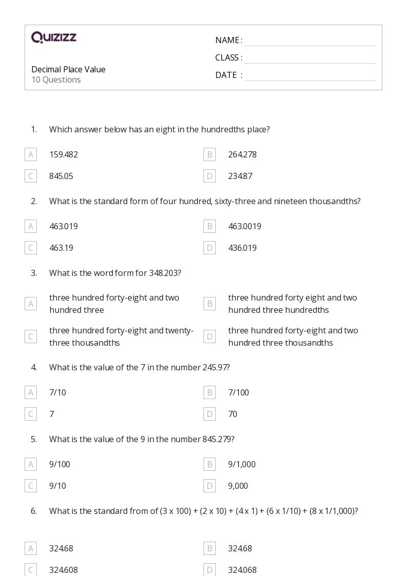 place value review worksheet 5th grade