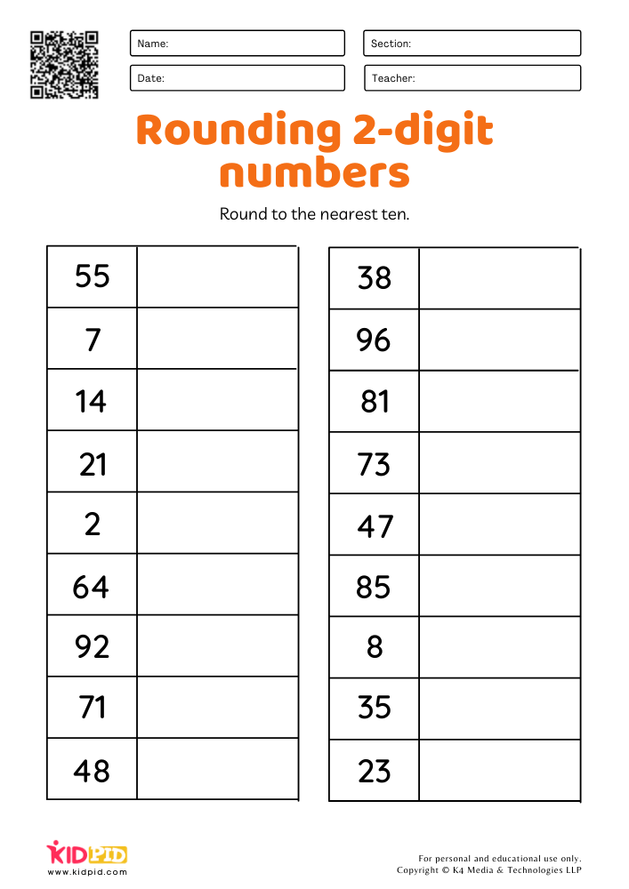 Rounding 2-digit numbers worksheets for Grade 1 - Kidpid