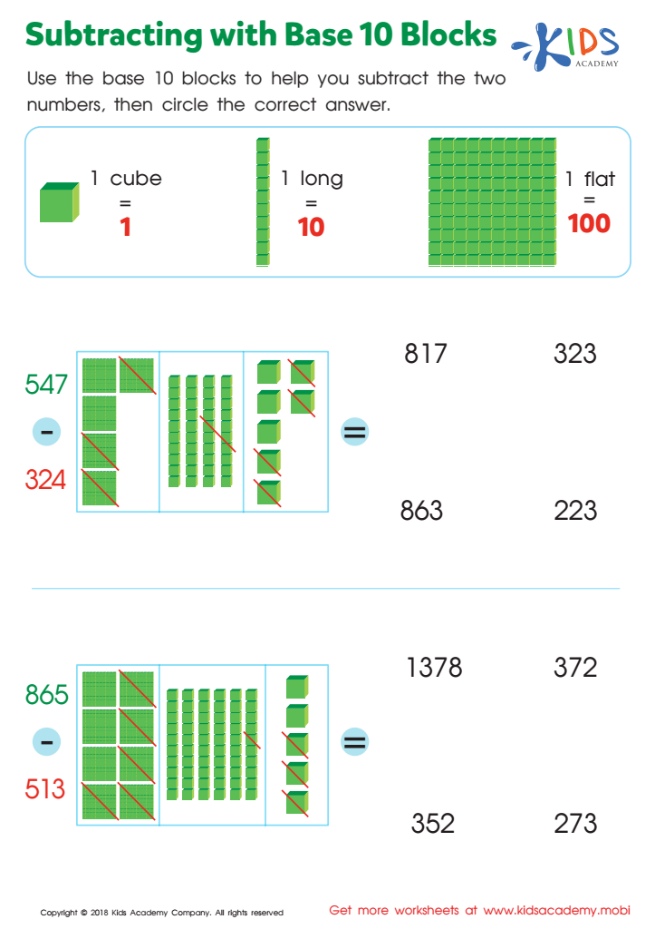 Subtracting with Base 10 Blocks Worksheet: Free Printout for Kids