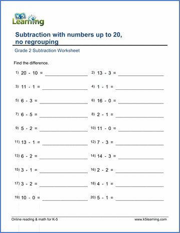Grade 2 Math Worksheet: Subtract numbers up to 20: no regrouping ...