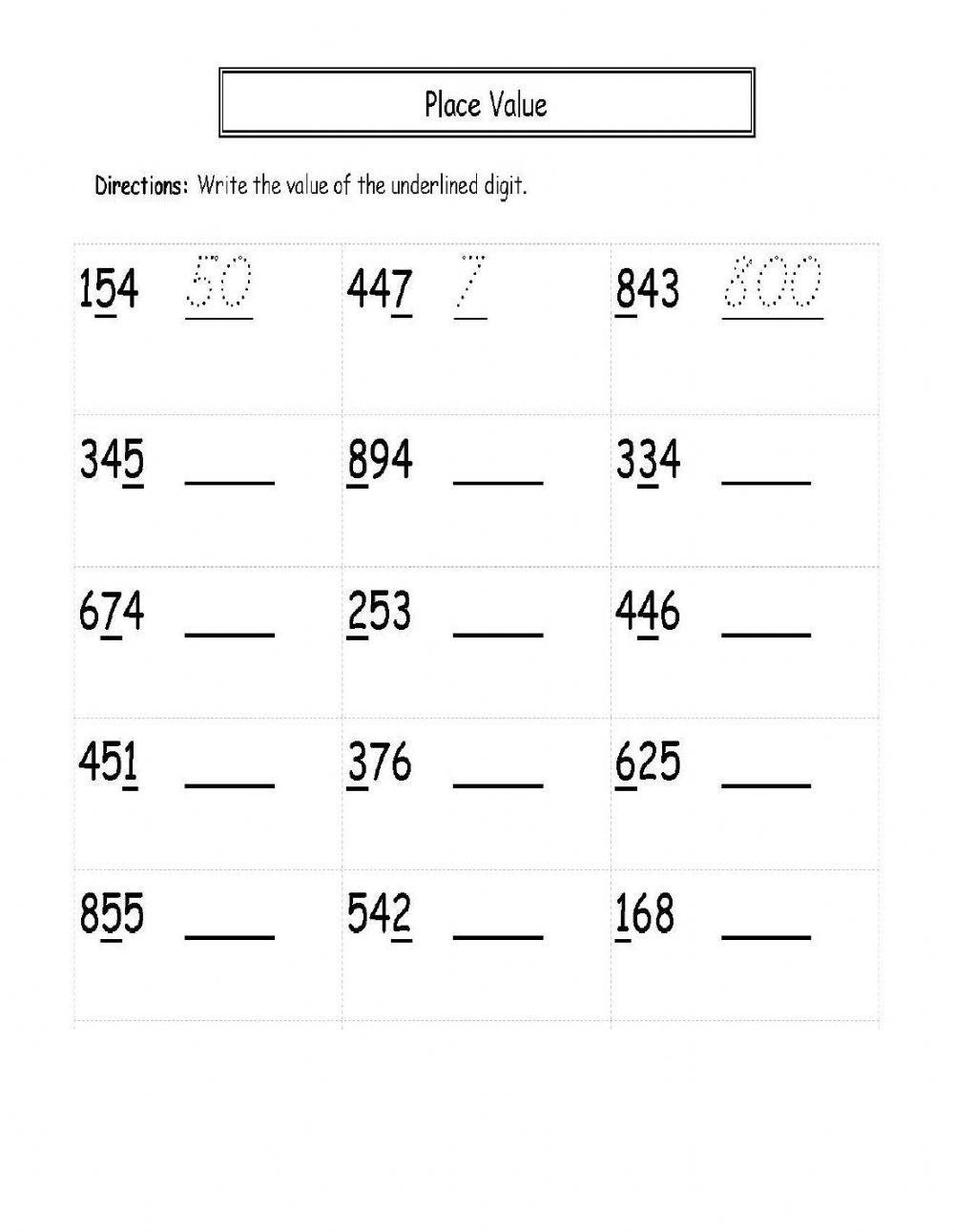Place Value (Hundreds, Tens and Ones) worksheet  