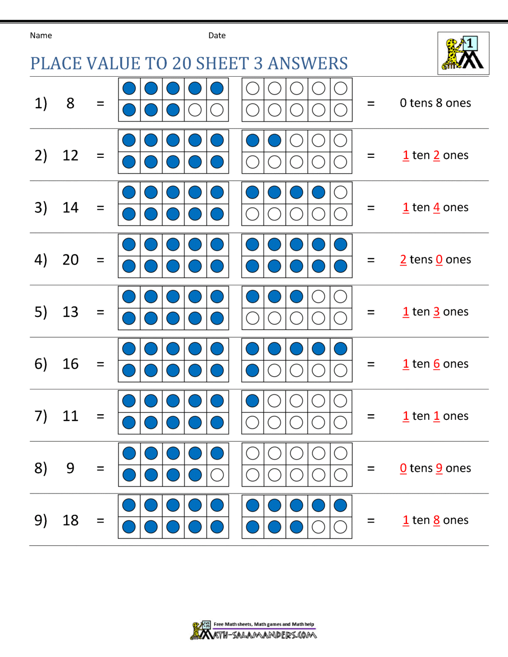 Place Value to 20 Worksheets