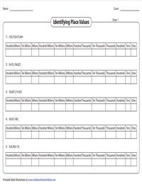 place value to billions worksheet