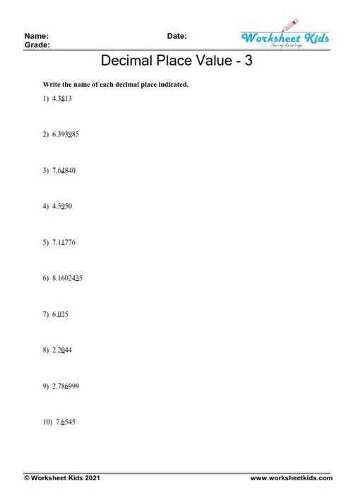 Decimal place value worksheets for 5th grade - Free printable PDF