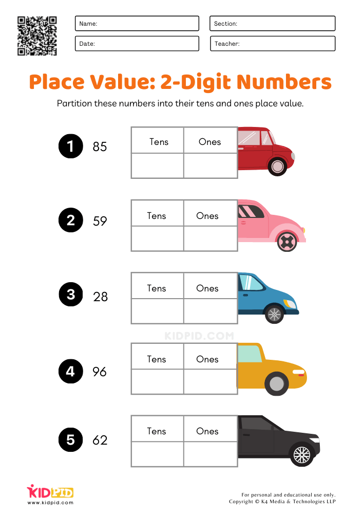 Place Value: 2-Digit Numbers Worksheets for Grade 1 - Kidpid