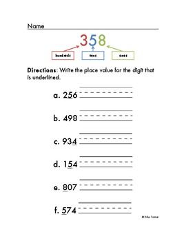 Place Value Worksheet (3-digit) with reference key | Place value ...