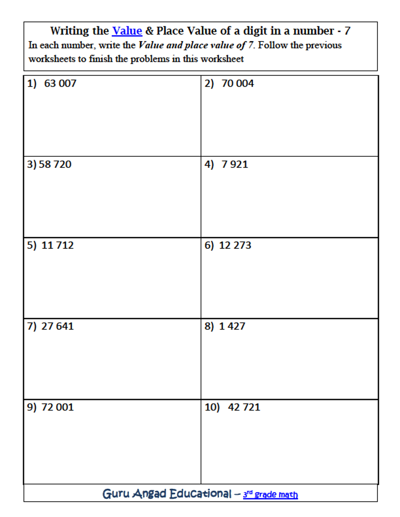 3RD GRADE MATH VALUE AND PLACE VALUE OF A DIGIT IN A NUMBER 2