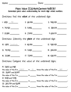 place value worksheet 4th grade free printable