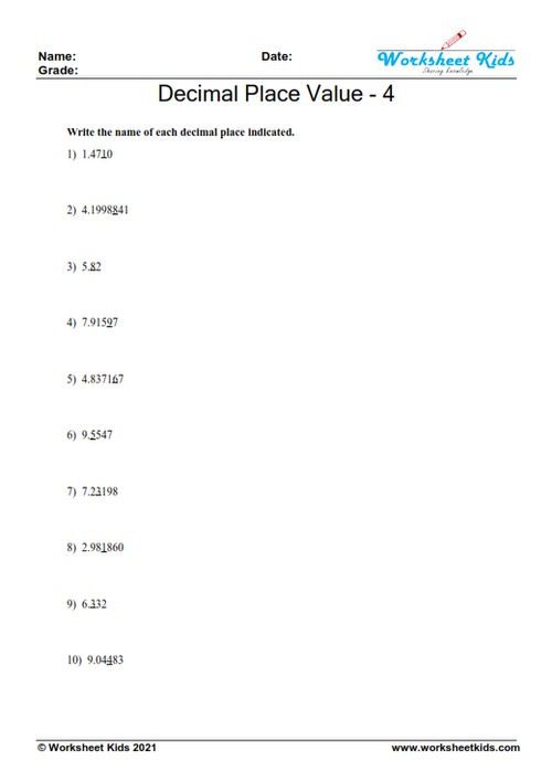 Decimal place value worksheets for 5th grade - Free printable PDF