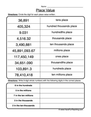 Place Value Review Worksheet  