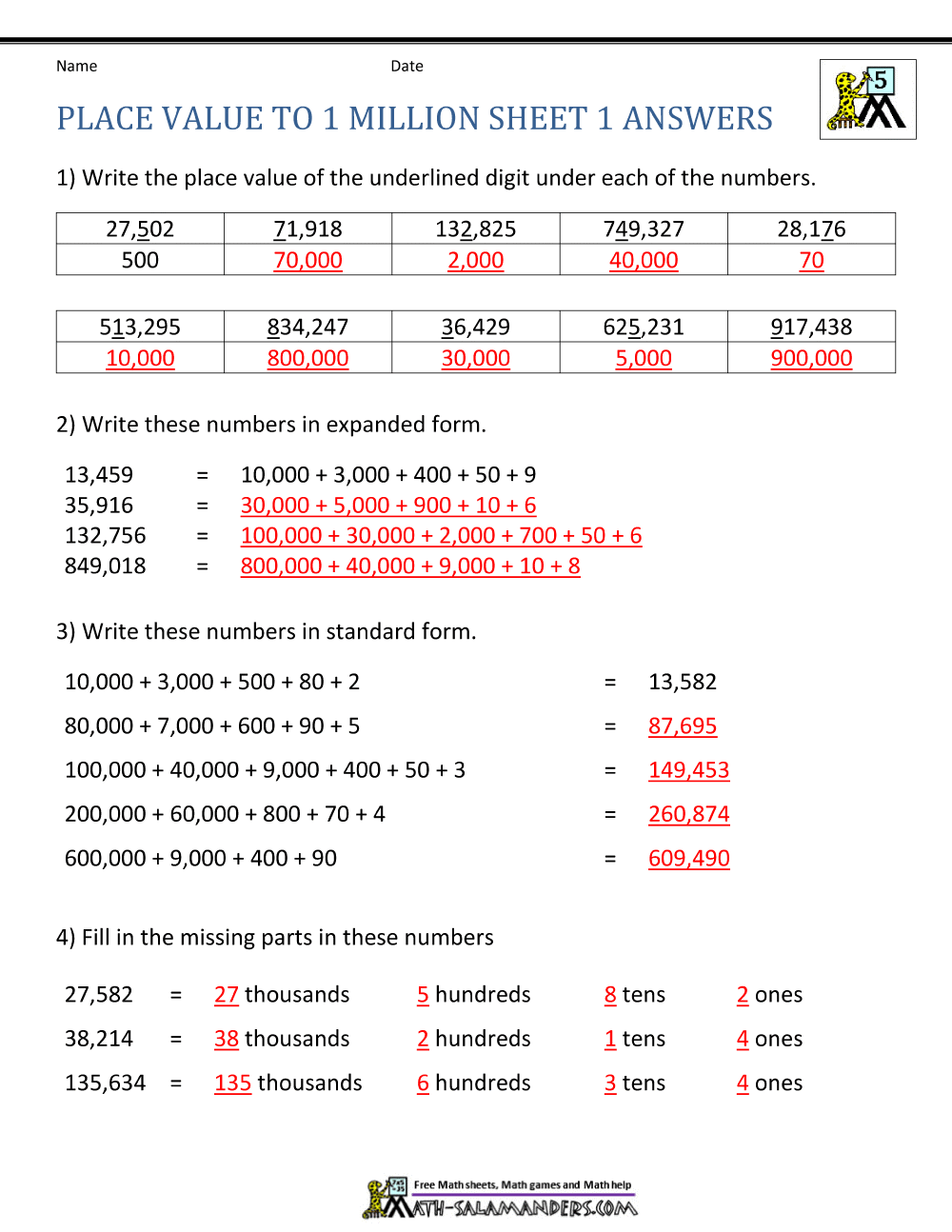 Place Value Worksheet - up to 10 million