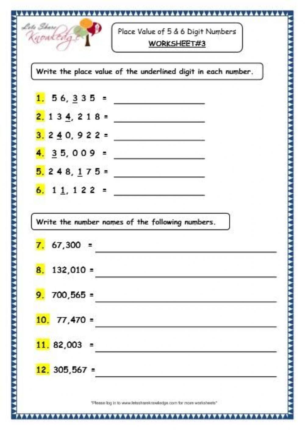 Place value of 6 digit worksheet  