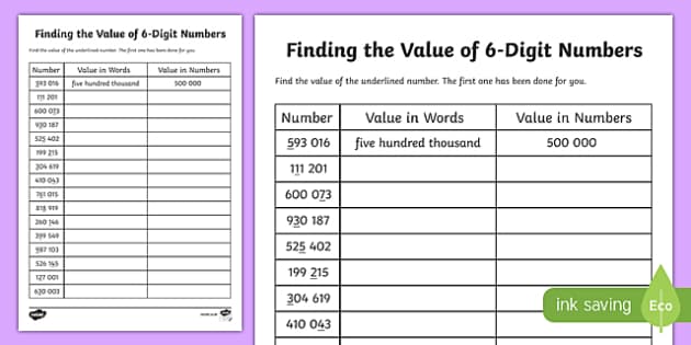 Place Value Finding the Value of 6-Digit Numbers Worksheet /