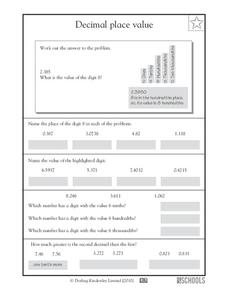 Decimal Place Value Worksheet for 5th - 6th Grade | Lesson Planet